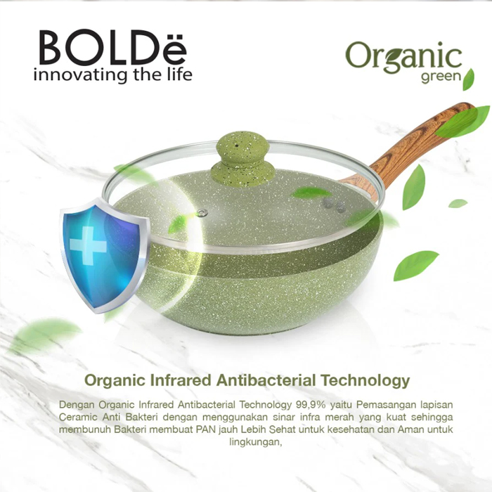 Bolde Organic Green Wok Pan 24 cm + Glass Lid